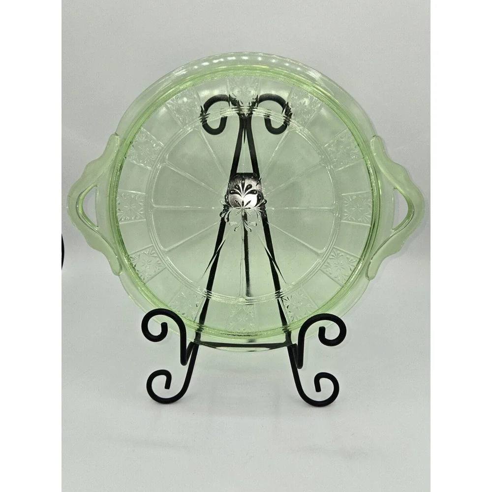 Jeanette‎ Glass Doric Green Uranium Depression Glass Double Handled Cake Plate